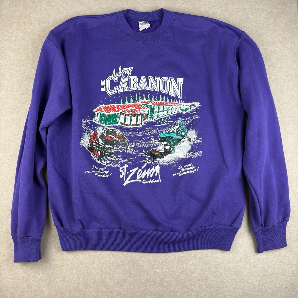 Vintage Le Cabanon Sweatshirt Men's Large Purple‎ Snowmobile St Zenon Quebec 80s